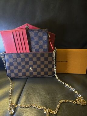 Checkered Monogram Envelope Crossbody with Fuchsia  Inserts & Gold Chain (4 Pcs)